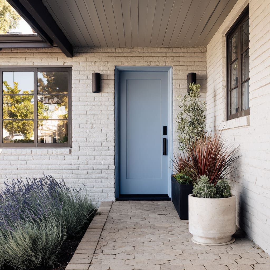 a dusty powder blue door sits within a warm white-painted brick wall, offering a soft contrast that reads more as fresh air than saturation a dusty powder blue door sits within a warm white-painted brick wall, offering a soft contrast that reads more as fresh air than saturation