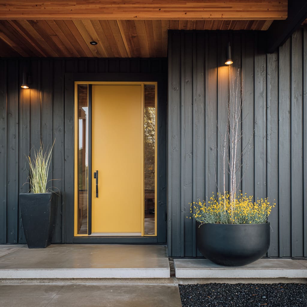 a golden mustard-yellow door pops sharply against near-black vertical wood cladding a golden mustard-yellow door pops sharply against near-black vertical wood cladding