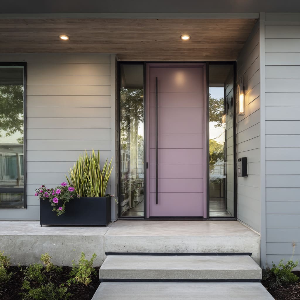 a lavender door takes center stage within a light grey horizontal siding layout a lavender door takes center stage within a light grey horizontal siding layout