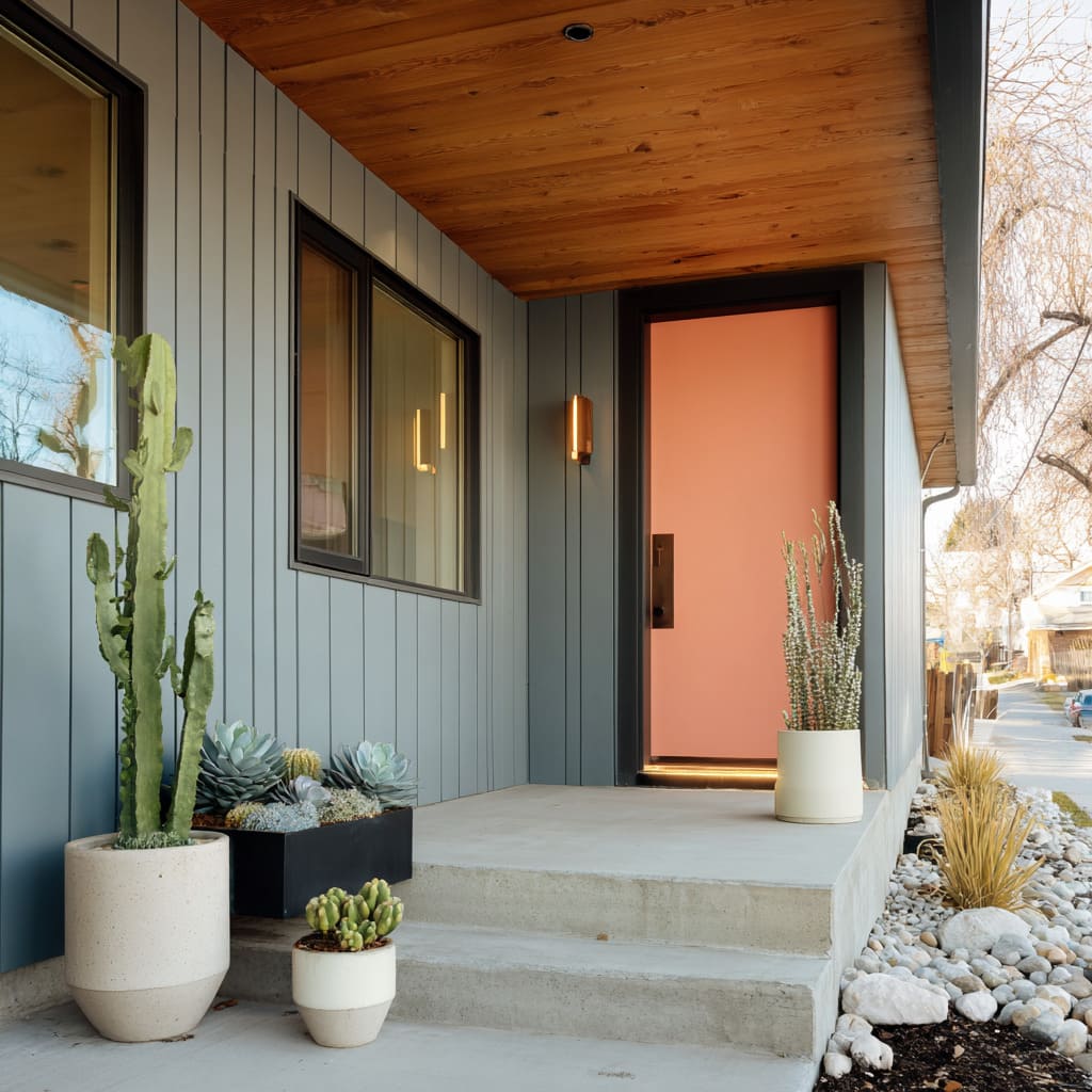 a soft coral-pink door is paired with a cool grey-blue vertical siding a soft coral-pink door is paired with a cool grey-blue vertical siding
