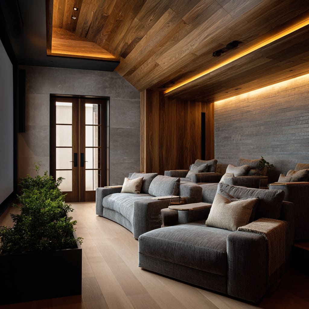an elevated take on home theater composition, with a ceiling that tilts and folds like origami in warm timber planks an elevated take on home theater composition, with a ceiling that tilts and folds like origami in warm timber planks