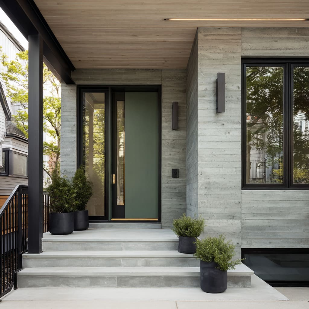 the door takes on a muted sage green tone the door takes on a muted sage green tone