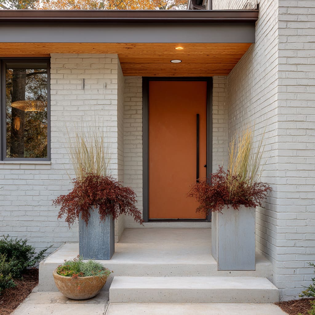 the warm richness of an earth-toned burnt clay door set inside a light grey painted brick facade the warm richness of an earth-toned burnt clay door set inside a light grey painted brick facade