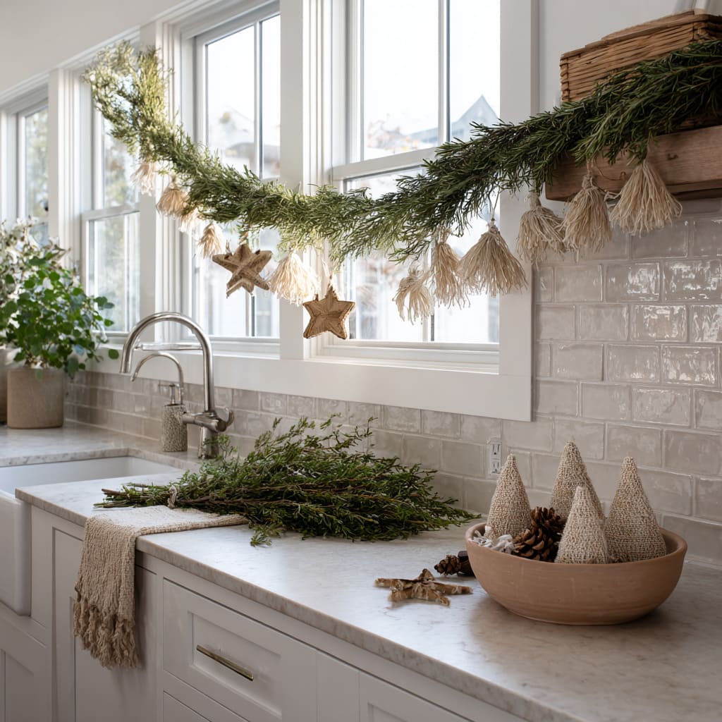 A bright farmhouse sink area design with floating garland and soft natural tree accents A bright farmhouse sink area design with floating garland and soft natural tree accents