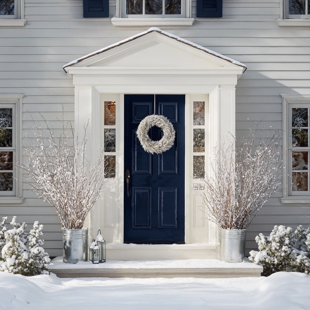 A classic navy-blue six-panel door, set under a modest triangular pediment, centers a frosty white wreath composed of flocked pine A classic navy-blue six-panel door, set under a modest triangular pediment, centers a frosty white wreath composed of flocked pine