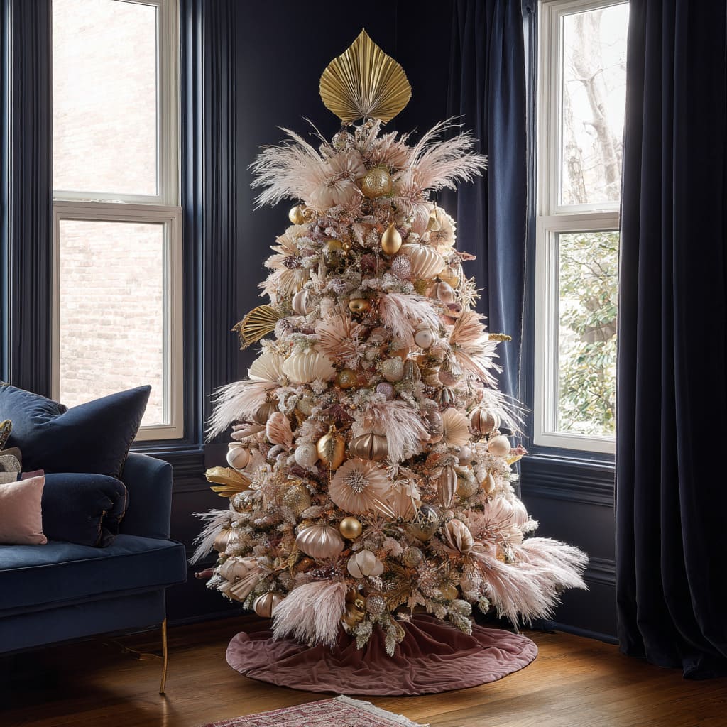 A color story for a tree decorations is built around dusty rose, matte gold, and blush champagne, with ornaments in petal-like fans