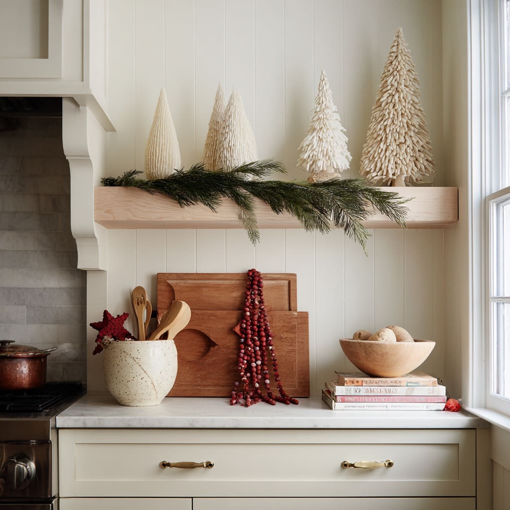 A cozy cream kitchen with warm holiday textures and playful shelf styling A cozy cream kitchen with warm holiday textures and playful shelf styling