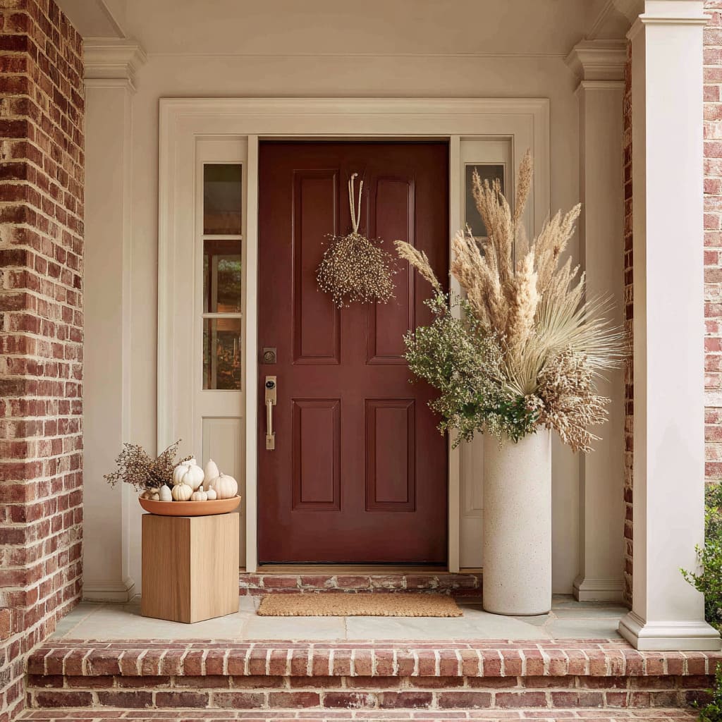 A deep cranberry-brown door of this traditional red brick house sets the tone for a more grounded seasonal look A deep cranberry-brown door of this traditional red brick house sets the tone for a more grounded seasonal look