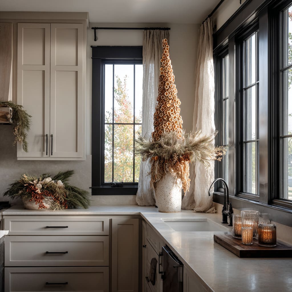 A design centers around a show-stopping citrus cone tree constructed from dried orange slices, stacked in tight spirals to form a glowing A design centers around a show-stopping citrus cone tree constructed from dried orange slices, stacked in tight spirals to form a glowing