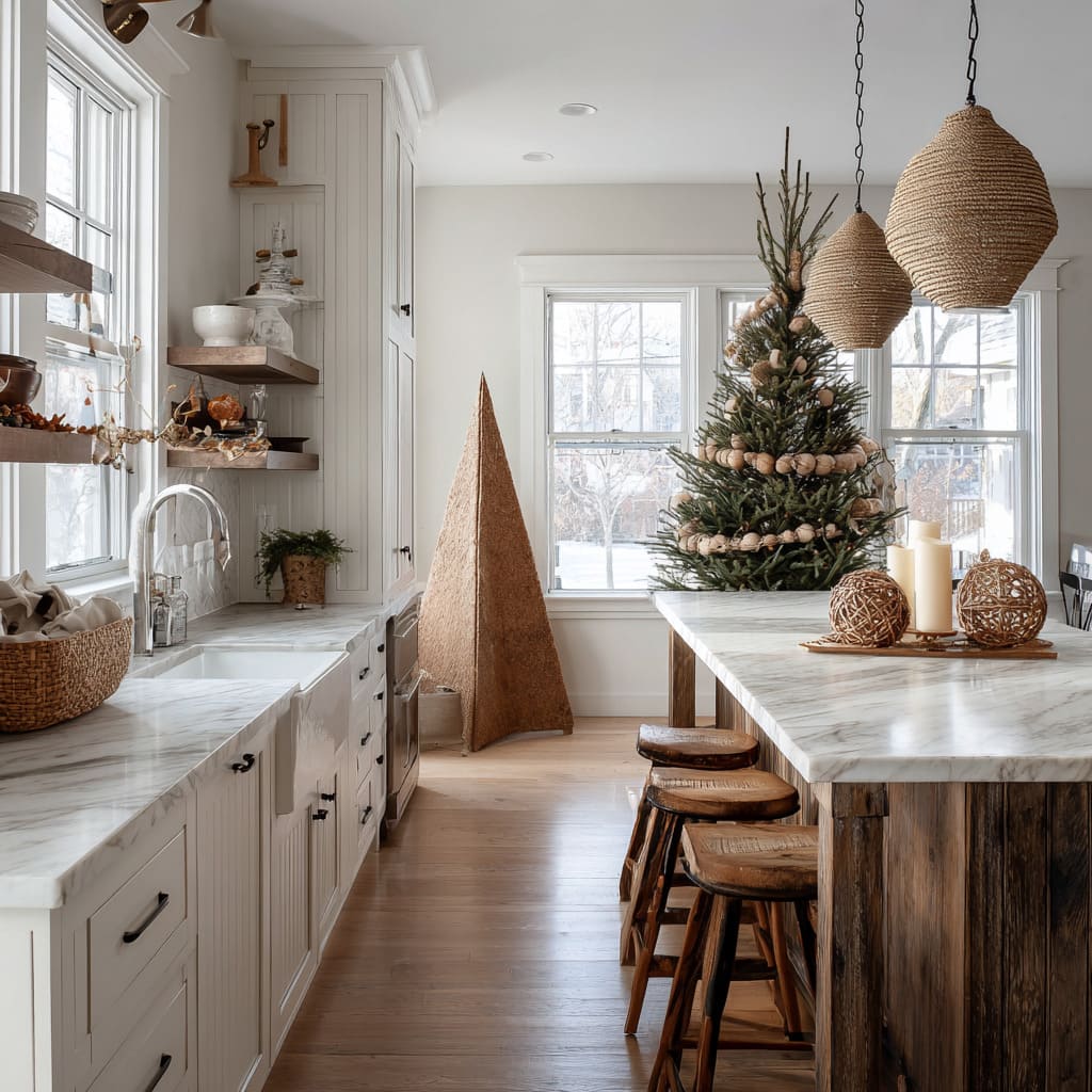A farmhouse-inspired kitchen design with a full tree installation and warm organic tones A farmhouse-inspired kitchen design with a full tree installation and warm organic tones