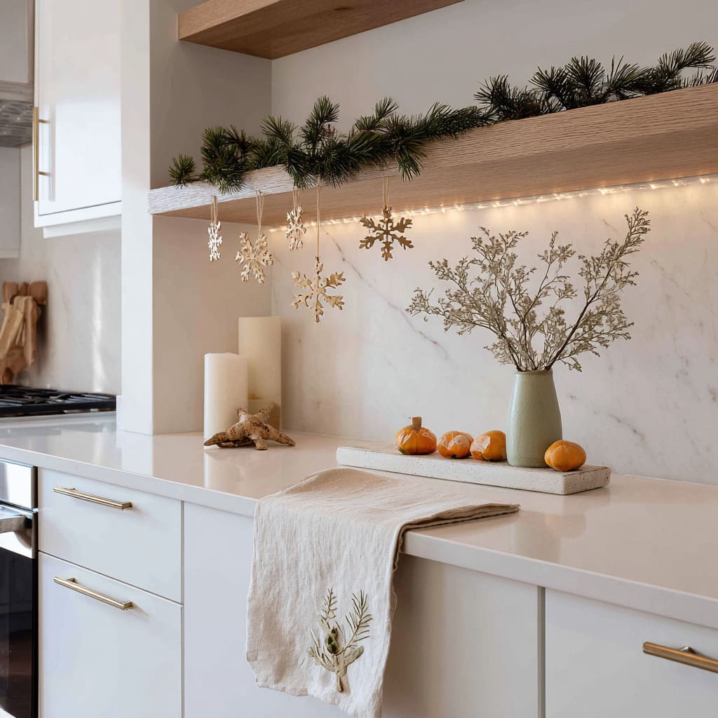 A fresh white kitchen design with floating shelf garland and playful citrus holiday accents A fresh white kitchen design with floating shelf garland and playful citrus holiday accents