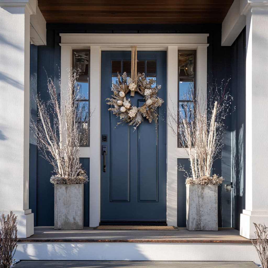 A front door scene uses a deep slate blue hue as the anchor, delivering a cool, composed tone A front door scene uses a deep slate blue hue as the anchor, delivering a cool, composed tone