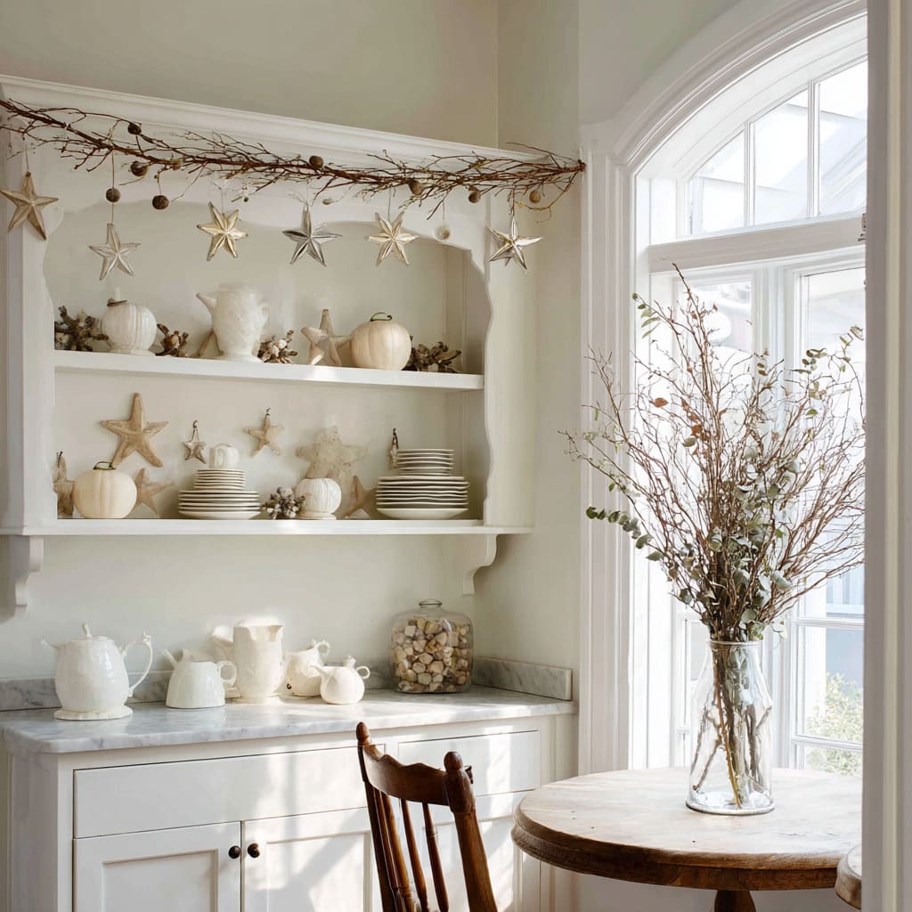A kitchen nook with open shelves styled with natural stars, soft ceramics, and seasonal stems A kitchen nook with open shelves styled with natural stars, soft ceramics, and seasonal stems