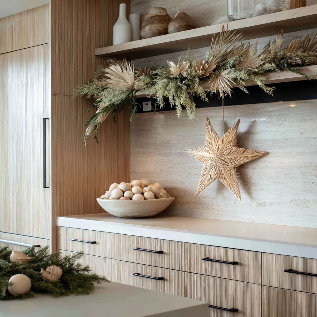 A linear wood-clad design with structured garland and sculptural star A linear wood-clad design with structured garland and sculptural star