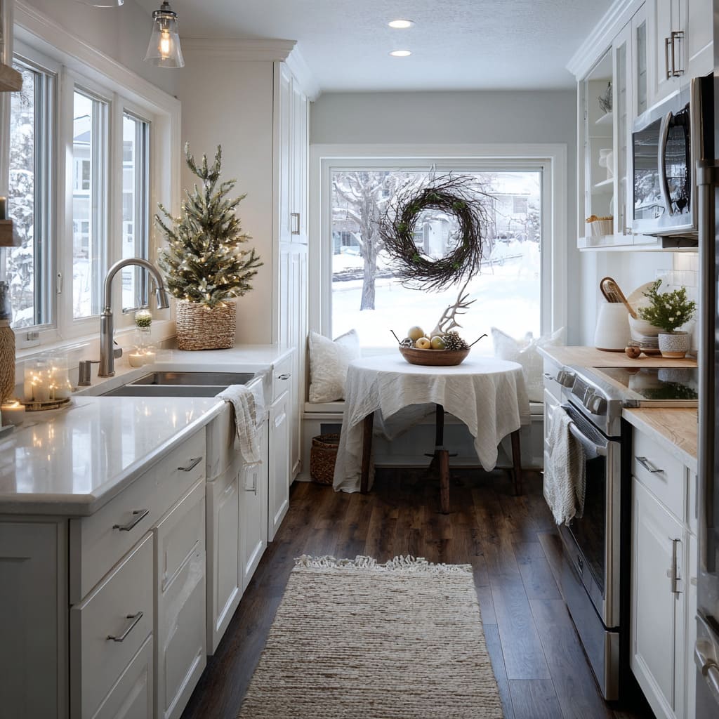 A long galley kitchen layout with a snowy window seat and twinkling light accents A long galley kitchen layout with a snowy window seat and twinkling light accents