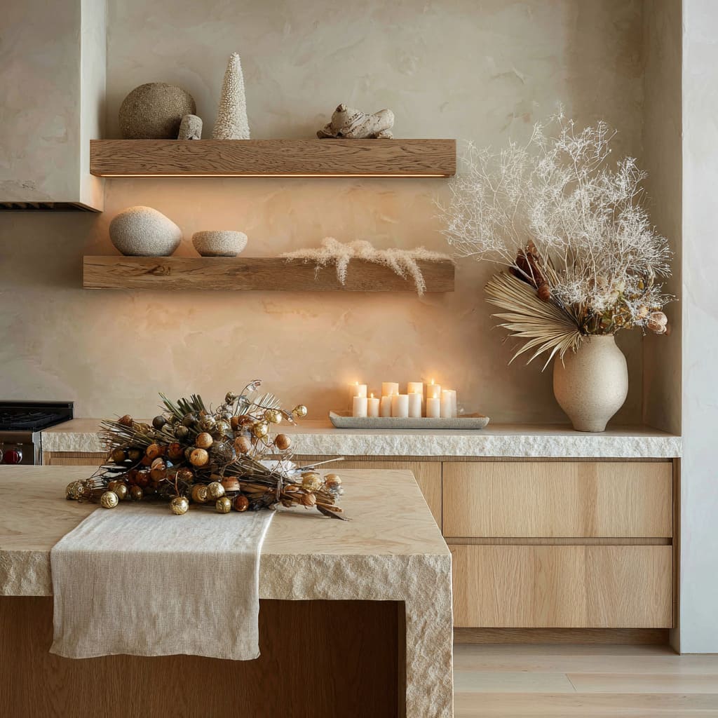 A modern rustic kitchen design with stone-wrapped counters and a natural holiday center display A modern rustic kitchen design with stone-wrapped counters and a natural holiday center display