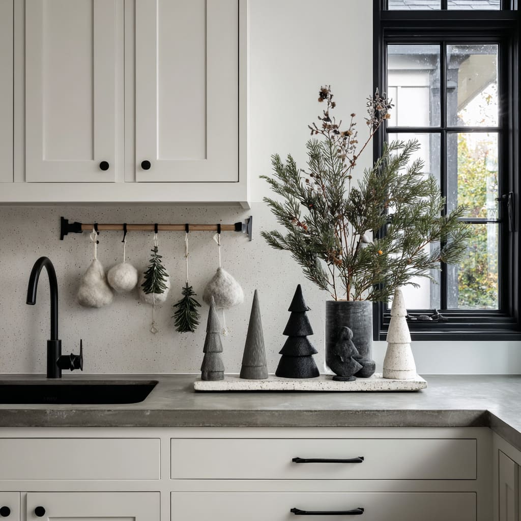 A monochrome corner with black-and-white Christmas tree sculptures and wool textures A monochrome corner with black-and-white Christmas tree sculptures and wool textures