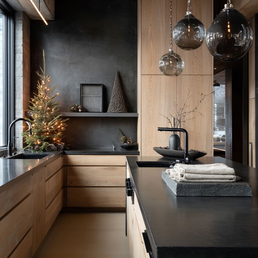 A moody Nordic-inspired kitchen with light wood, concrete, and minimal Christmas greenery A moody Nordic-inspired kitchen with light wood, concrete, and minimal Christmas greenery