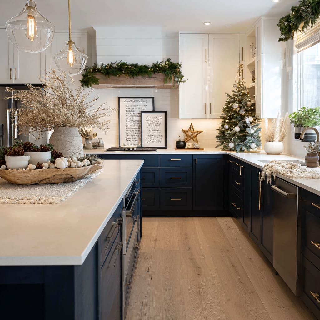 A navy-and-white two-tone kitchen design with layered warm lighting and festive structure A navy-and-white two-tone kitchen design with layered warm lighting and festive structure