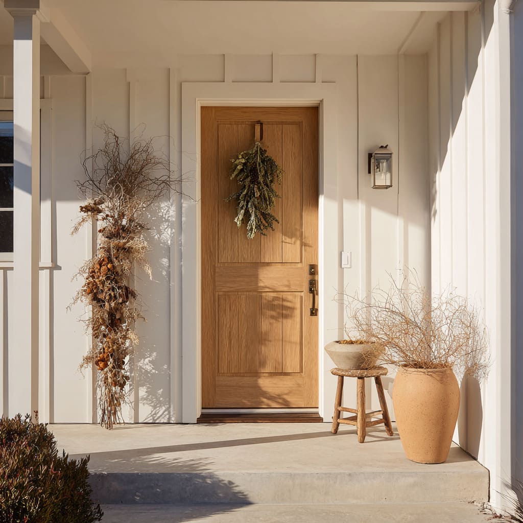 A raw wood door serves as the anchor in this high-contrast setup, where the styling leans into untamed forms A raw wood door serves as the anchor in this high-contrast setup, where the styling leans into untamed forms