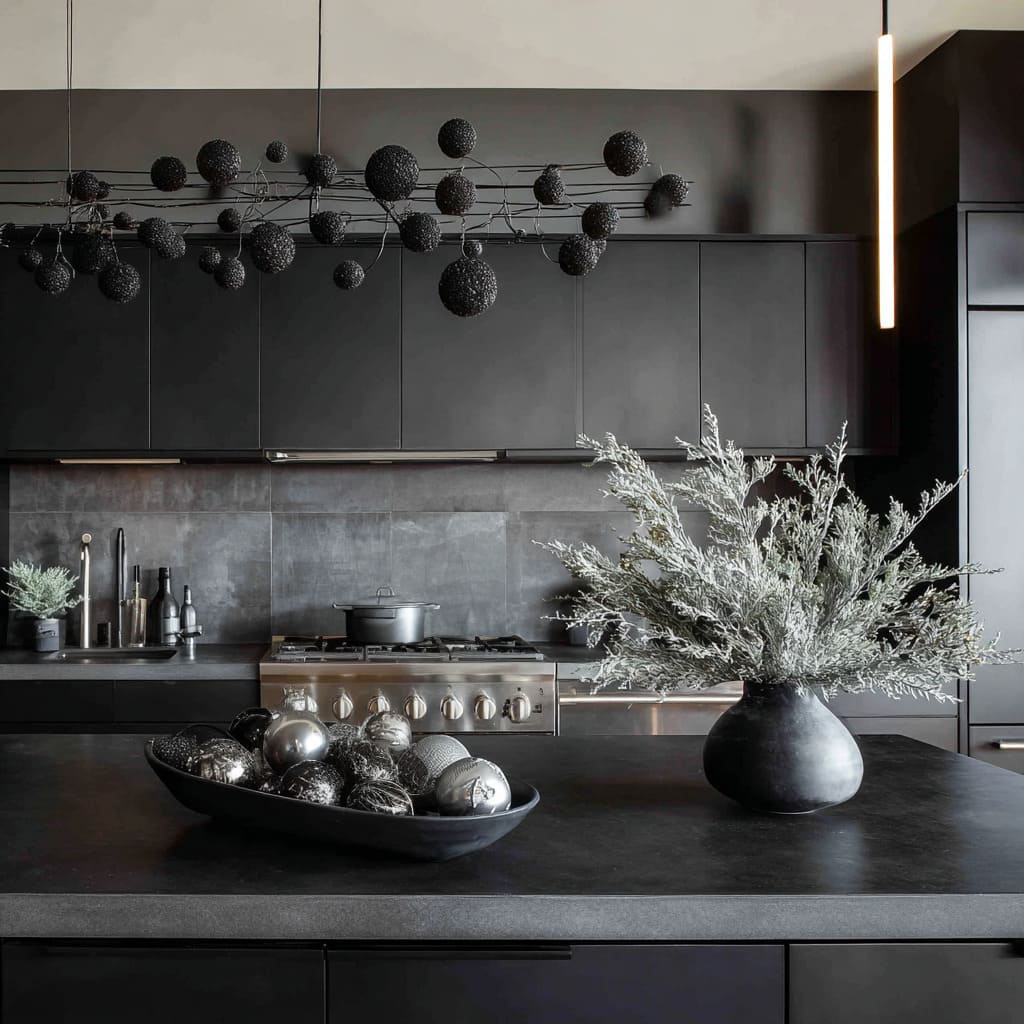 A sculptural monochrome kitchen design with black ornaments and icy botanicals A sculptural monochrome kitchen design with black ornaments and icy botanicals