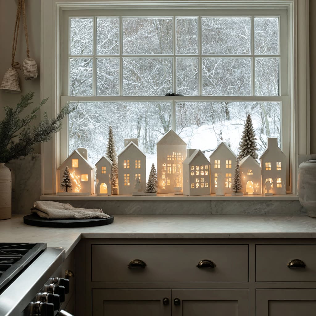 A set of delicate house-shaped ceramic luminaries lines the windowsill, each one unique in scale and form A set of delicate house-shaped ceramic luminaries lines the windowsill, each one unique in scale and form