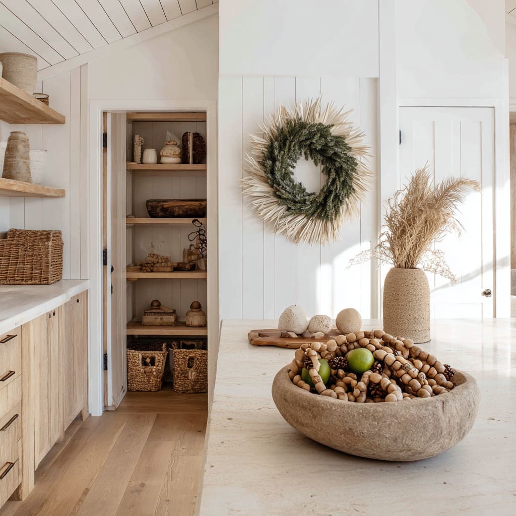 A soft rustic kitchen design with natural wreath and sculpted tabletop details A soft rustic kitchen design with natural wreath and sculpted tabletop details