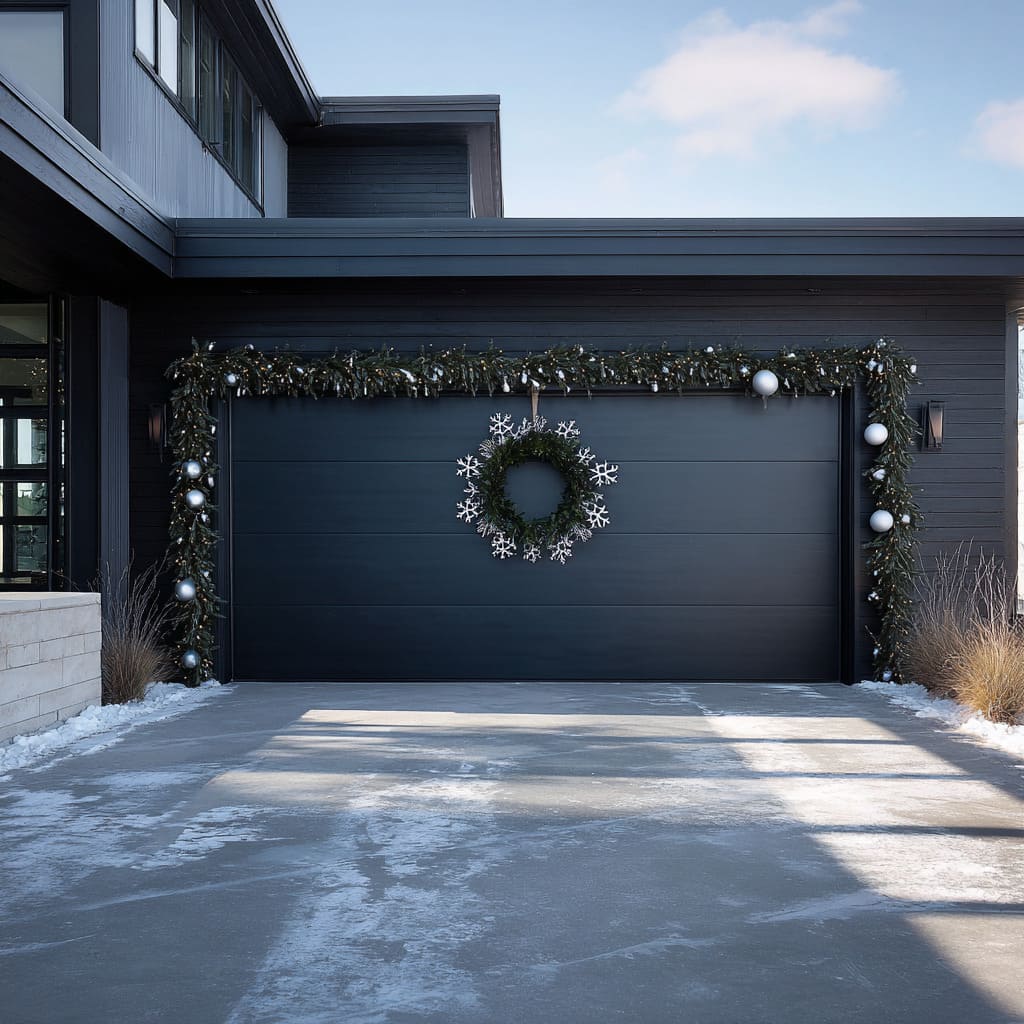 A stark modern design emerges here with a long, matte charcoal garage door set into an all-black home exterior A stark modern design emerges here with a long, matte charcoal garage door set into an all-black home exterior