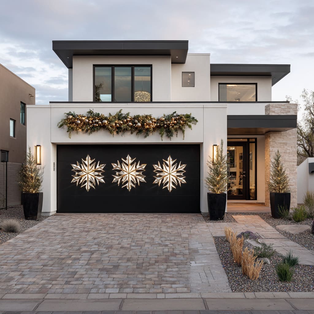 A striking visual setup, this design plays on architectural lines and holiday motifs with confident scale and opulence A striking visual setup, this design plays on architectural lines and holiday motifs with confident scale and opulence