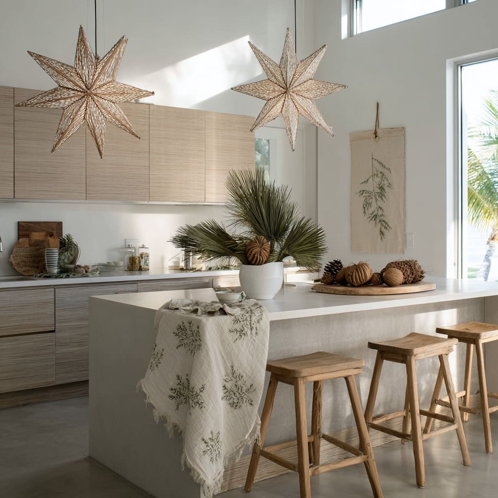 A tropical-inspired kitchen design with sculptural Christmas star lights and warm minimalism A tropical-inspired kitchen design with sculptural Christmas star lights and warm minimalism