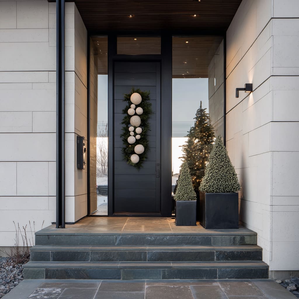 A vertical garland runs straight down the center of the door A vertical garland runs straight down the center of the door