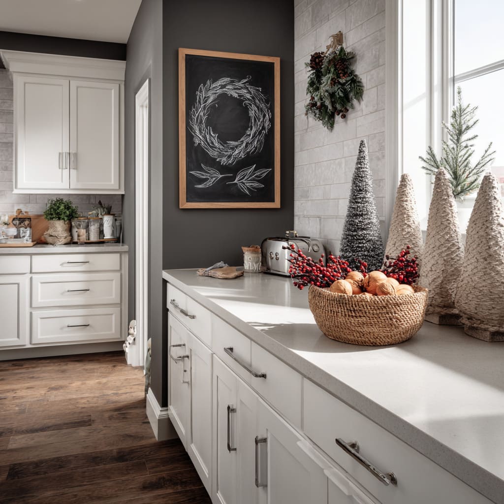 A white and charcoal kitchen design with chalkboard wreath and natural textures A white and charcoal kitchen design with chalkboard wreath and natural textures