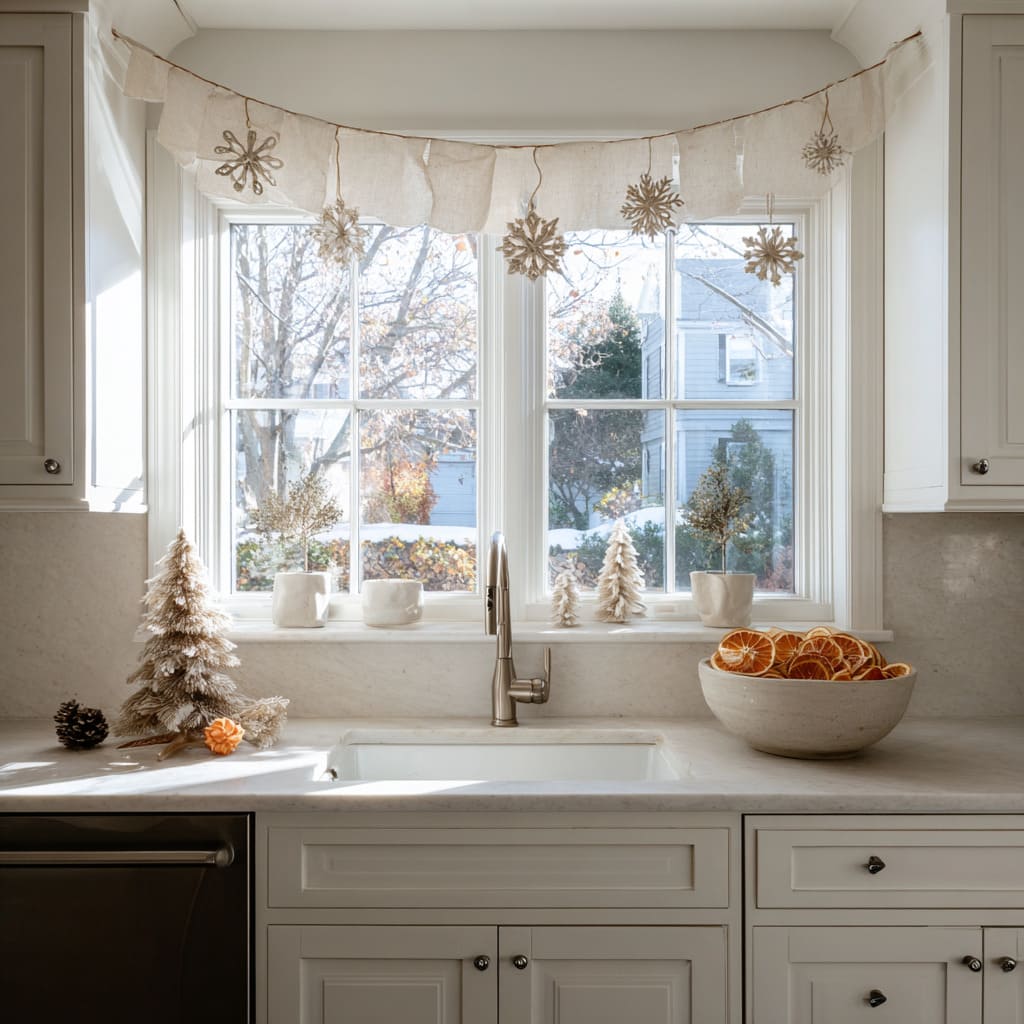 A window-facing white kitchen sink framed with soft snowflake shapes and dried citrus A window-facing white kitchen sink framed with soft snowflake shapes and dried citrus