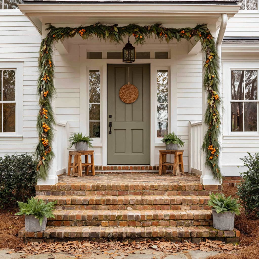 A woven rattan circle hung as the main door decor breaks from the expected holiday look A woven rattan circle hung as the main door decor breaks from the expected holiday look