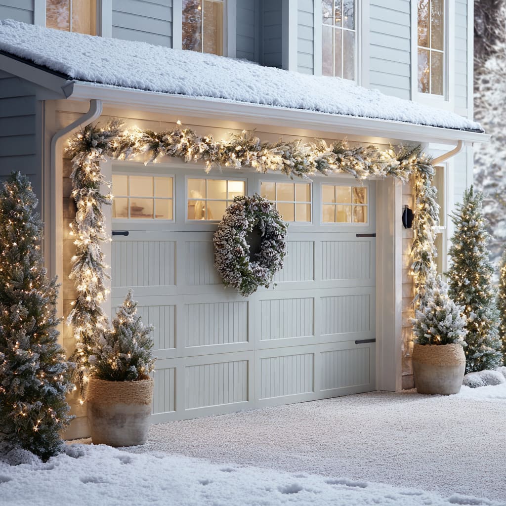 A wreath at the center of the garage is generously frosted, appearing more ice than evergreen A wreath at the center of the garage is generously frosted, appearing more ice than evergreen