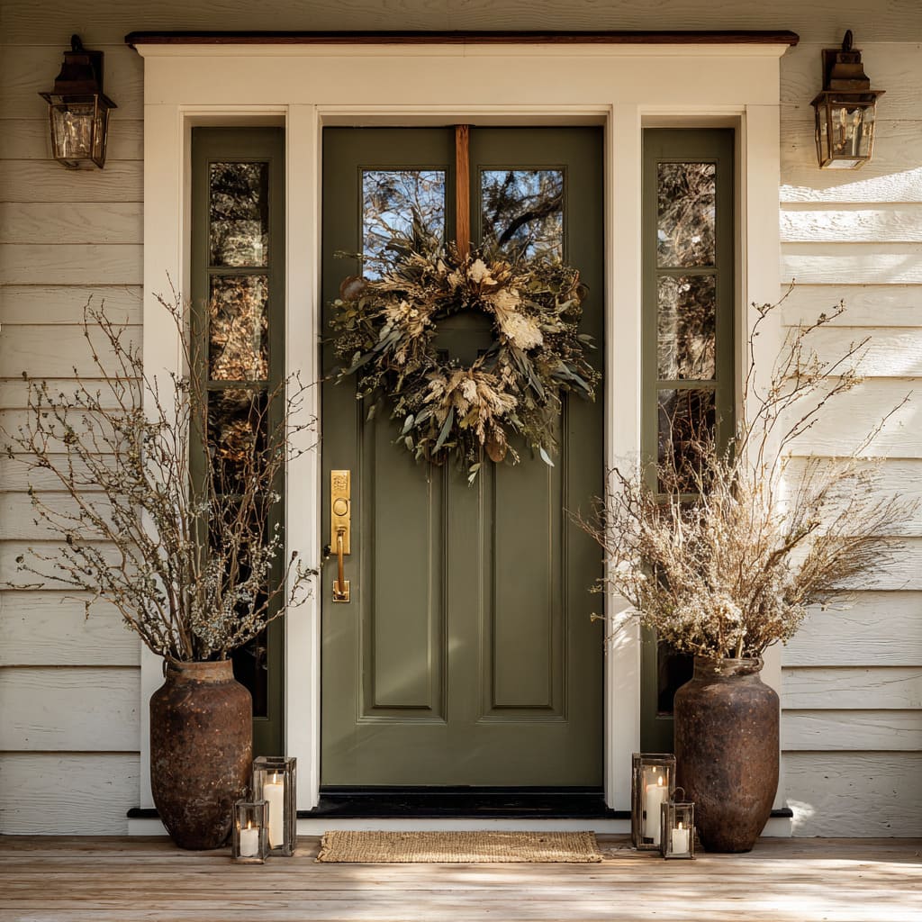 A wreath, hung with a dark jute ribbon, is made from layered eucalyptus, dried yarrow, and wheat A wreath, hung with a dark jute ribbon, is made from layered eucalyptus, dried yarrow, and wheat