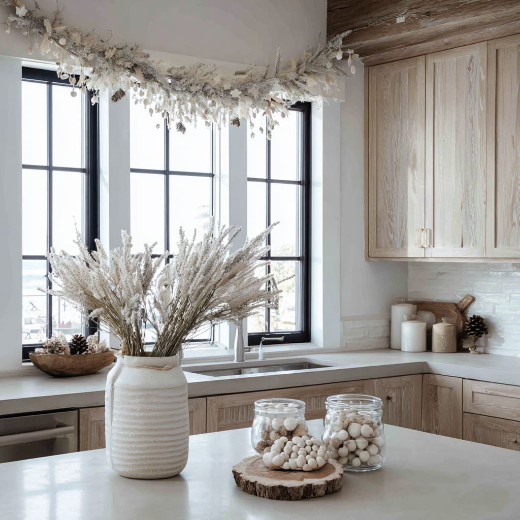 Above the triple-pane window, a frosted garland made from dried florals, white-painted leaves, and cotton branches is loosely draped Above the triple-pane window, a frosted garland made from dried florals, white-painted leaves, and cotton branches is loosely draped