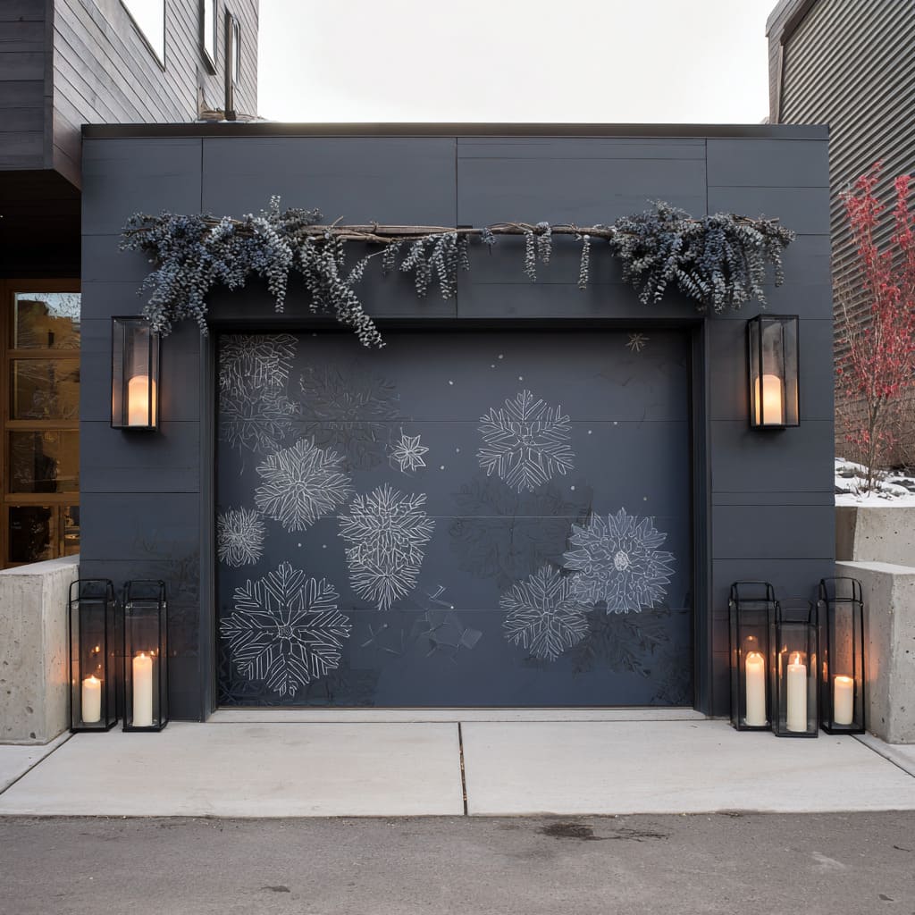 Charcoal Snowflake Drawing with Dusky Blue-Grey Evergreen Drapery as Christmas Decorations Charcoal Snowflake Drawing with Dusky Blue-Grey Evergreen Drapery as Christmas Decorations