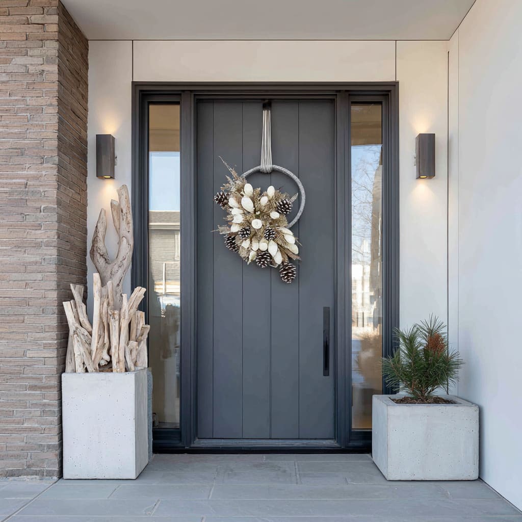 Clean winter minimalism with dried elements for a stone-accented entry Christmas decorating