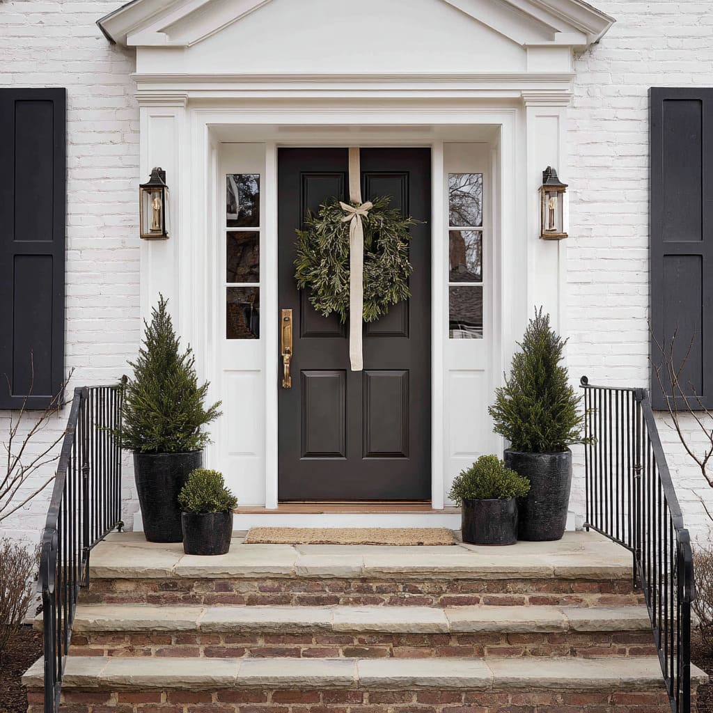 Flanked by symmetrical evergreen planters, the arrangement communicates refinement and restraint Flanked by symmetrical evergreen planters, the arrangement communicates refinement and restraint