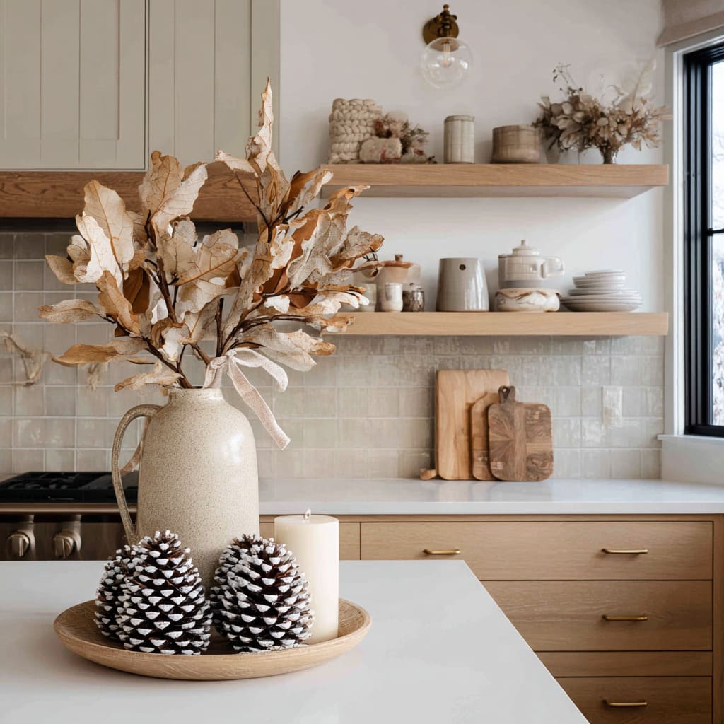 Frosted pinecones and minimal seasonal presence as Xmas decorations Frosted pinecones and minimal seasonal presence as Xmas decorations
