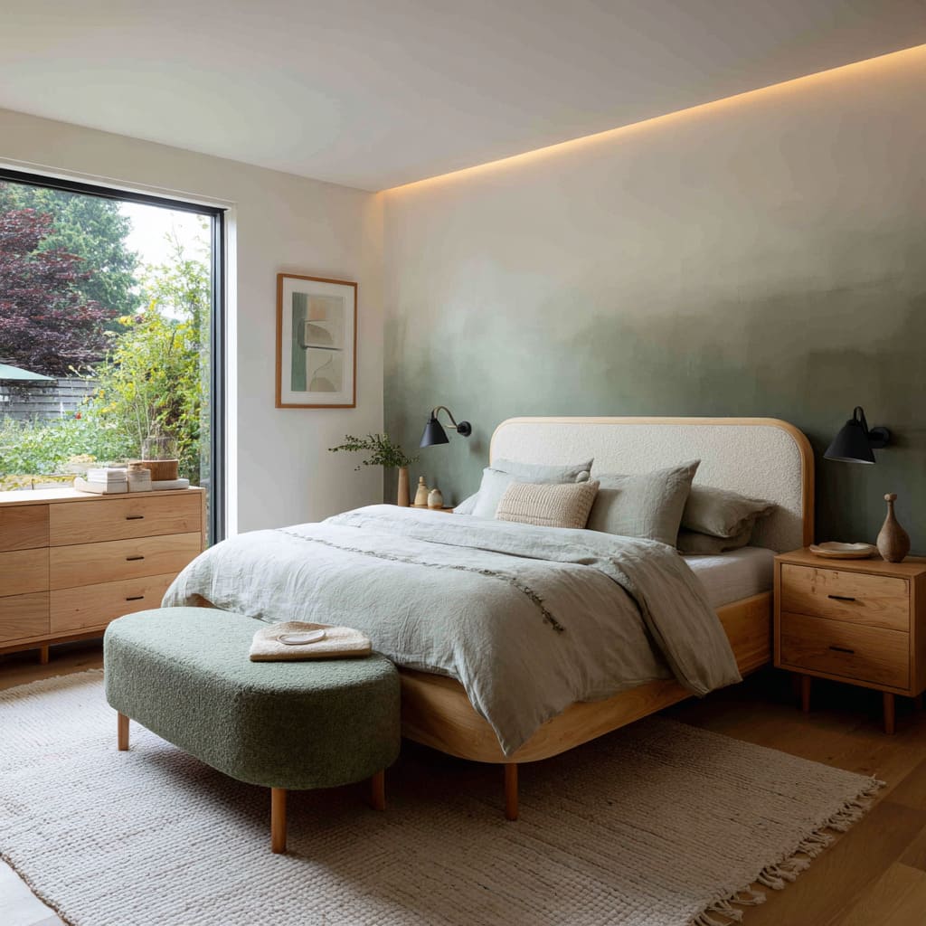 Gradient Green Accent Wall with Soft Lighting and Rounded Edges