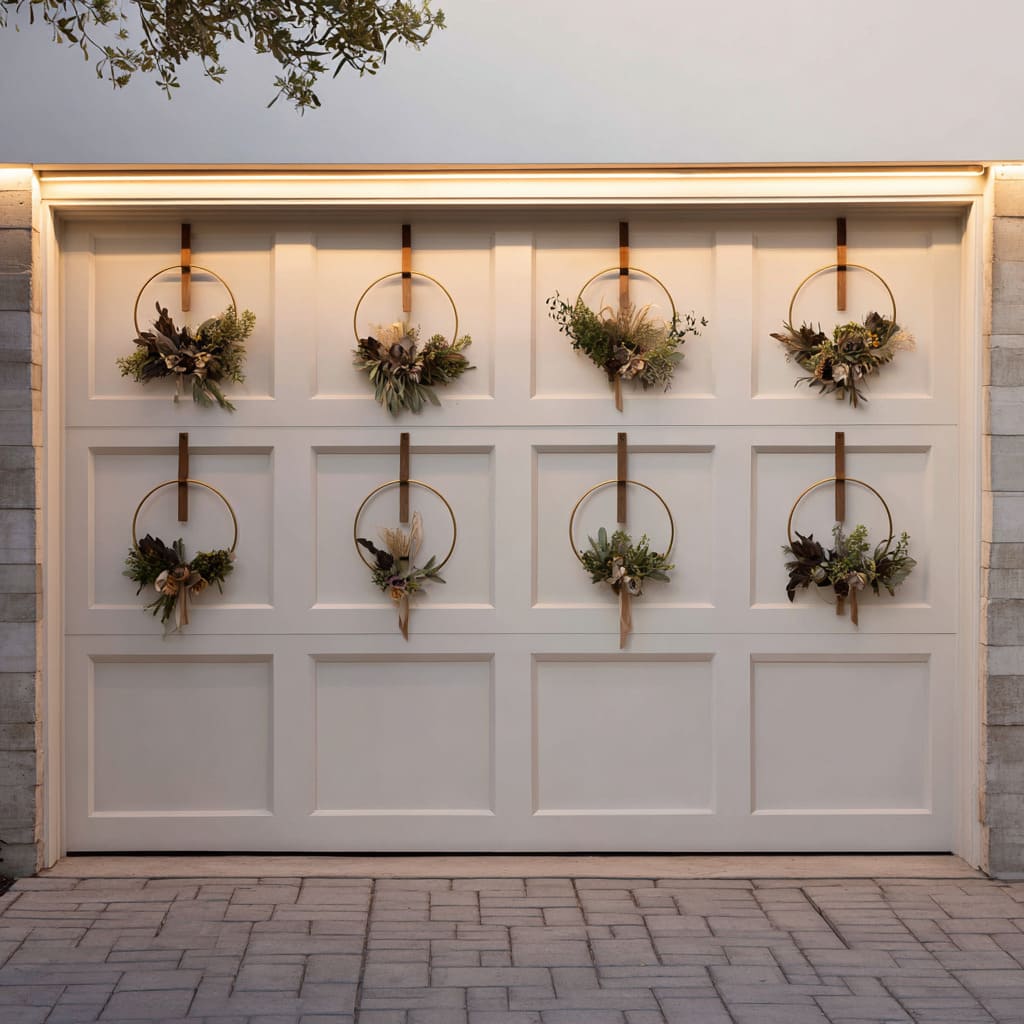 Here, a clean white garage door becomes a quiet gallery for nine identical round Xmas wreath compositions Here, a clean white garage door becomes a quiet gallery for nine identical round Xmas wreath compositions