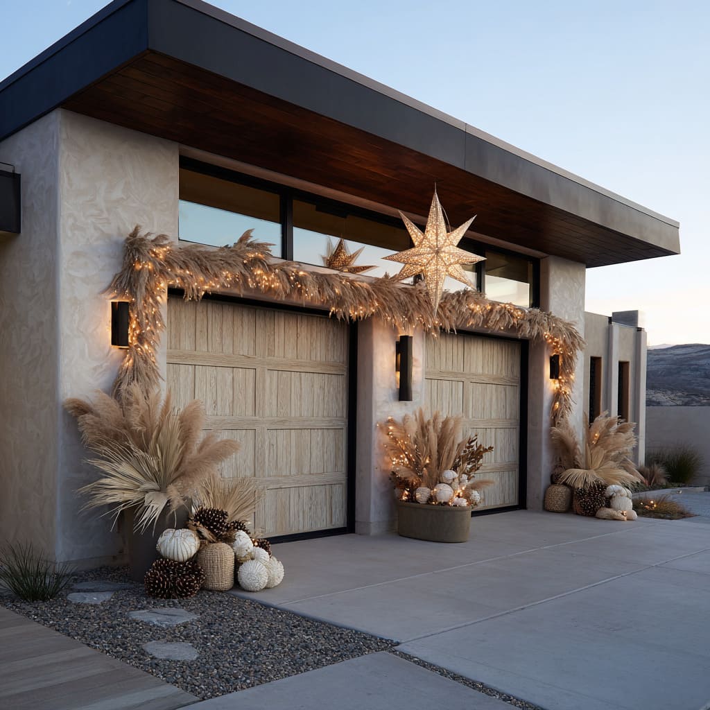 Here, a modern twin garage door facade is unified by a single, sweeping decorative Christmas concept Here, a modern twin garage door facade is unified by a single, sweeping decorative Christmas concept