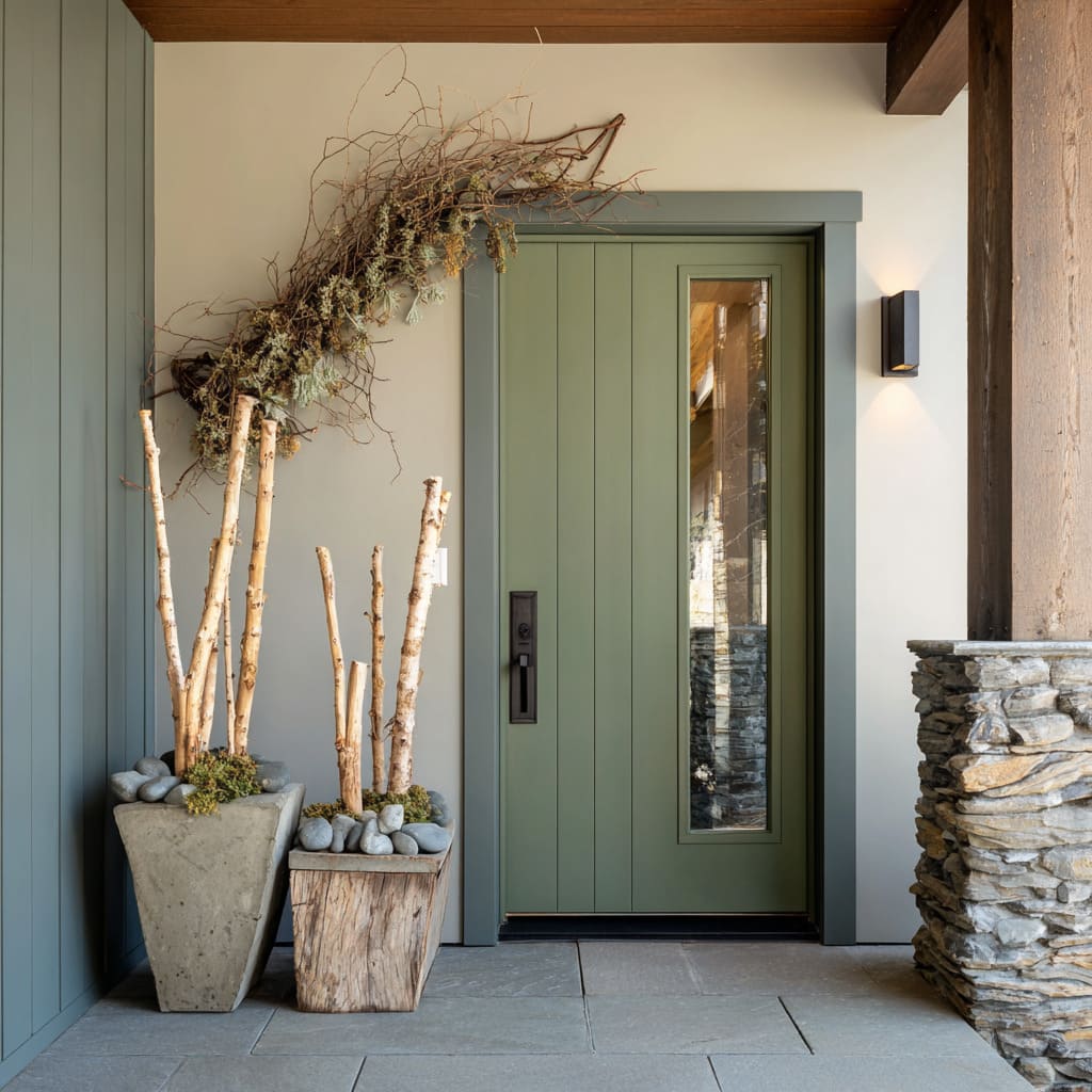 Instead of a centered wreath, a large arc of dried mosses and driftwood branches stretches diagonally across the top left corner Instead of a centered wreath, a large arc of dried mosses and driftwood branches stretches diagonally across the top left corner