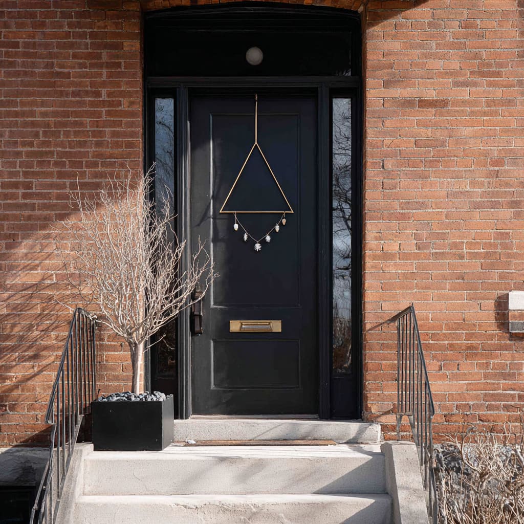 Its only adornment is a sharp geometric hanging piece an inverted triangle made of slim golden rods, suspended with clean lines Its only adornment is a sharp geometric hanging piece an inverted triangle made of slim golden rods, suspended with clean lines