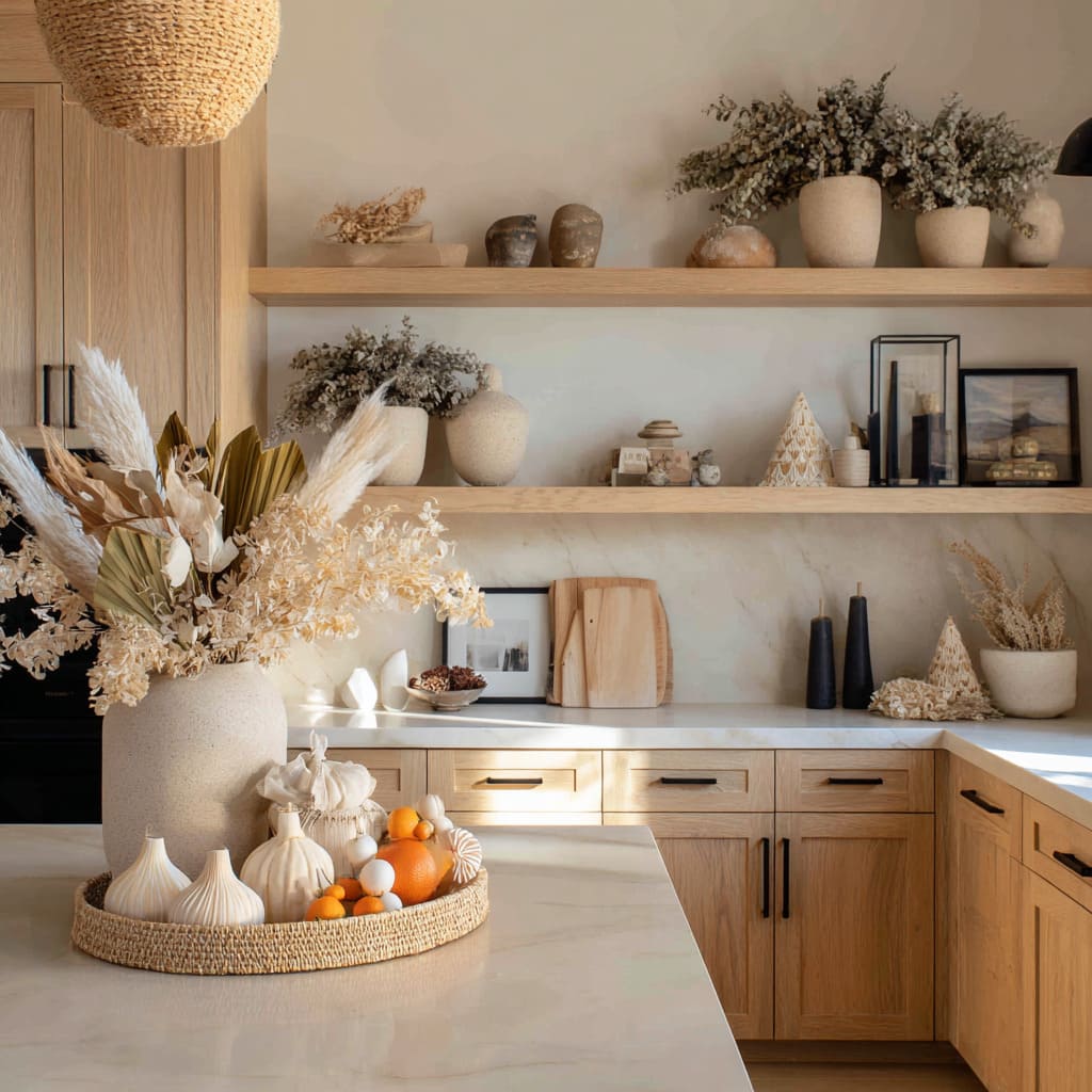 On the island, a low woven tray carries a sculptural ceramic collection of abstract trees and fruit-like shapes, blending white, tan On the island, a low woven tray carries a sculptural ceramic collection of abstract trees and fruit-like shapes, blending white, tan