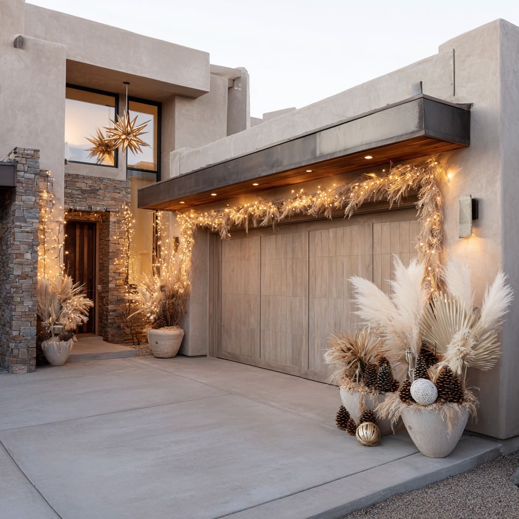 Rather than fir or pine, the garland lining the flat modern awning is composed of dried grasses, golden straw, and curled pale leaves Rather than fir or pine, the garland lining the flat modern awning is composed of dried grasses, golden straw, and curled pale leaves