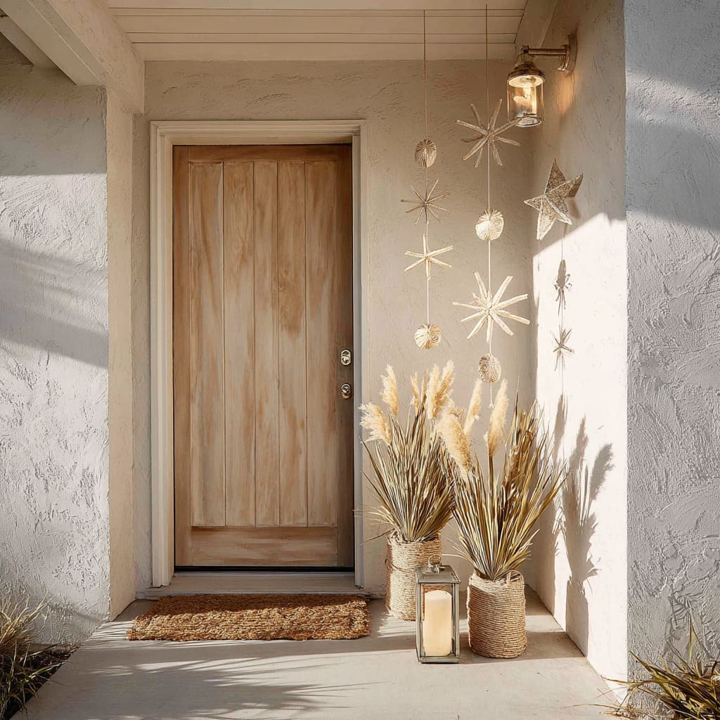 Suspended from the porch ceiling is a vertical mobile of straw-like woven ornaments Suspended from the porch ceiling is a vertical mobile of straw-like woven ornaments