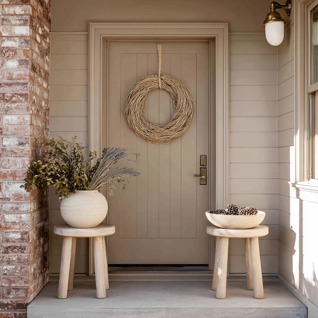 The desaturated warm beige of the paneled door matches the surrounding siding The desaturated warm beige of the paneled door matches the surrounding siding